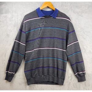 Vintage 90s Main Sail Collared Knit Sweater Striped Shirt Gray Mens USA Made